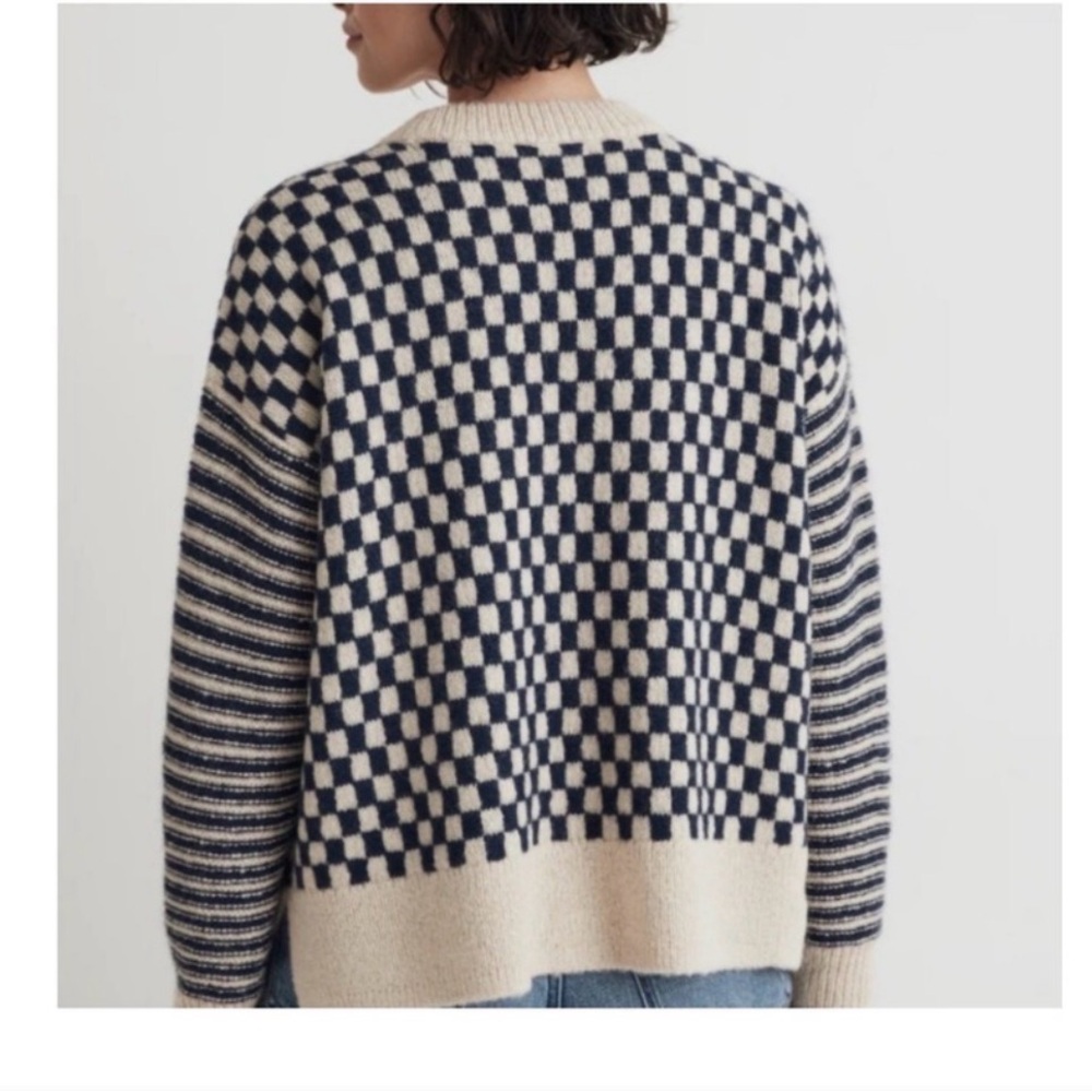 Madewell Navy and Cream Checkerboard Crewneck Sweater Alpaca blend. EUC XS - Picture 3 of 7